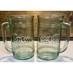 2 Vintage Coca Cola Coke Embossed Green Clear Glass Stein Mugs 16oz w/Handle